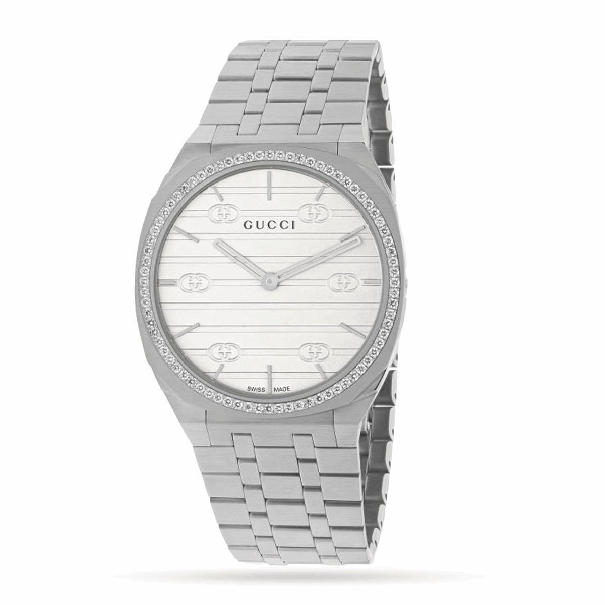Gucci 25H 34mm — Diamond Bezel, Silver Dial | YA163401