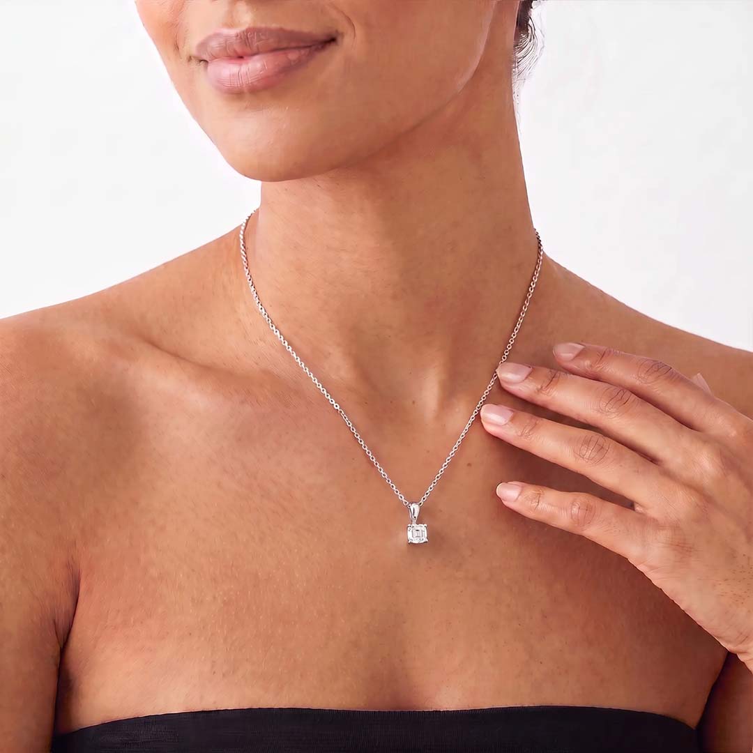 Asscher Cut Lab Diamond Pendant w/ 18" Chain (1 ct. tw.) in Sterling Silver