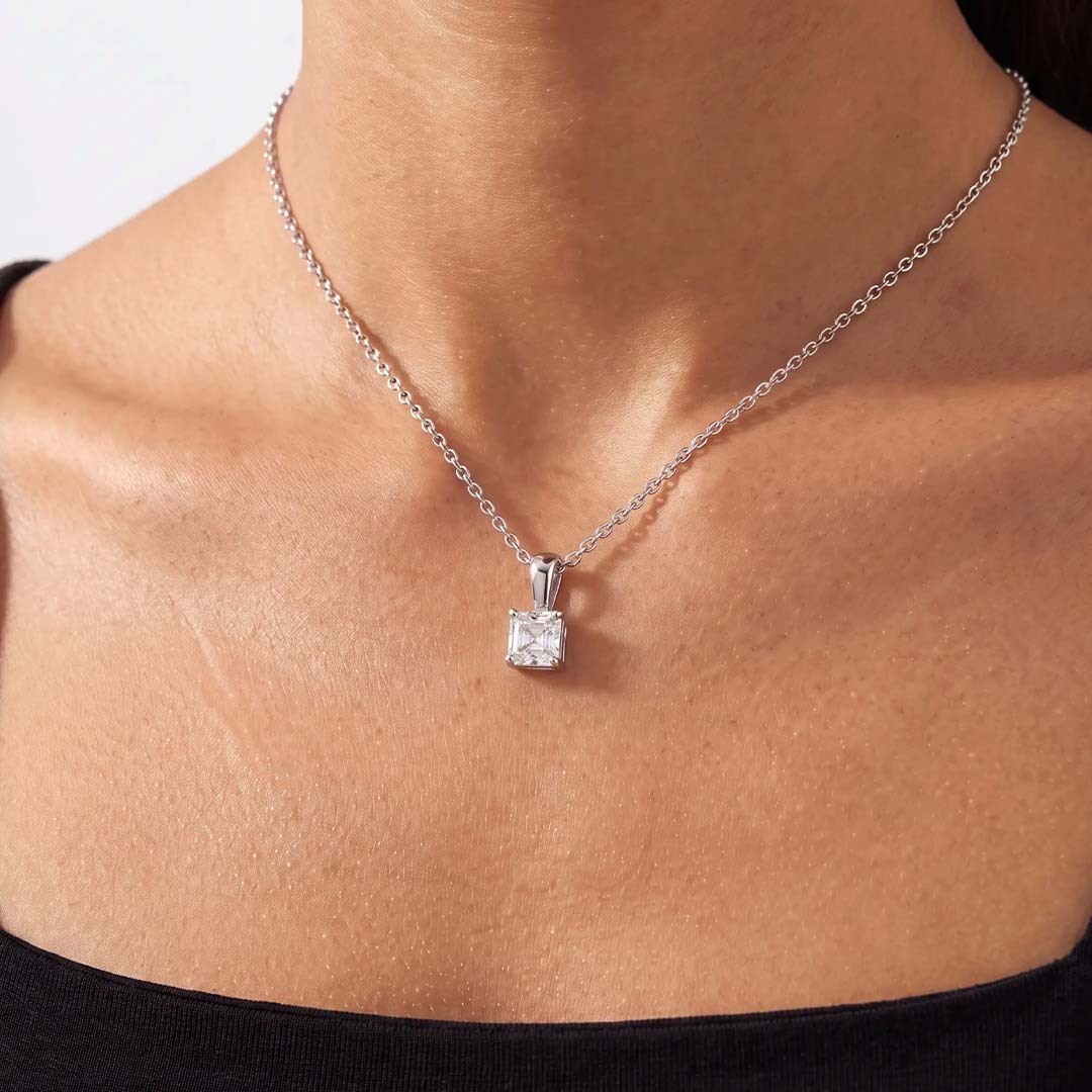Asscher Cut Lab Diamond Pendant w/ 18" Chain (1 ct. tw.) in Sterling Silver