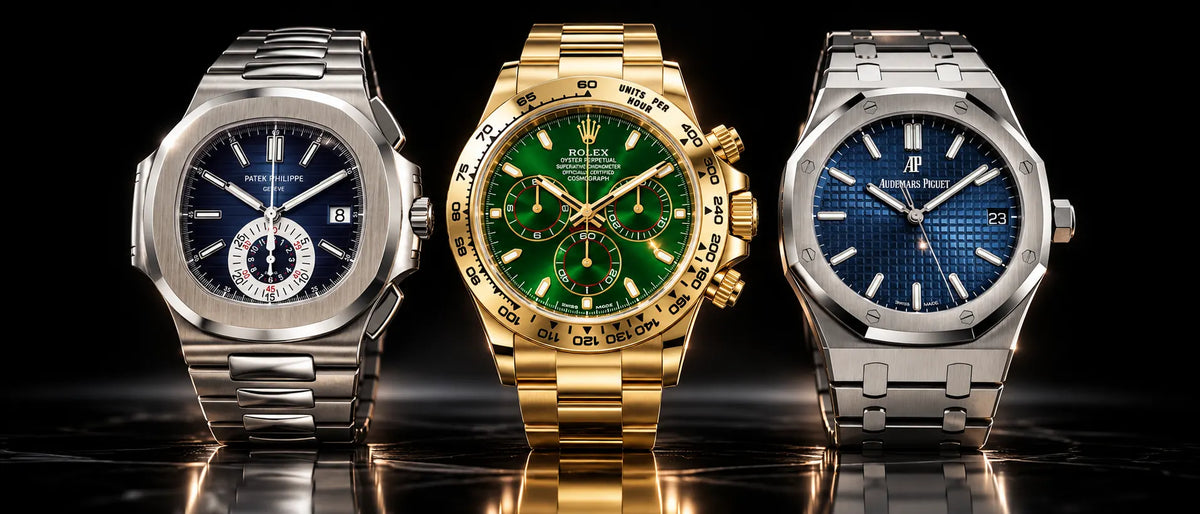 Patek Philippe, Rolex Daytona, and Audemars Piguet watches on black glass
